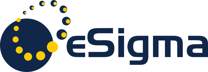 eSigma logo - navy circle with yellow orbiting dots